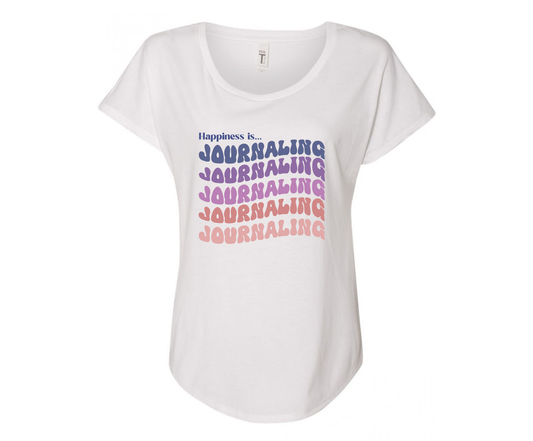 Happiness is Journaling Ladies Tee Shirt - In White & Grey