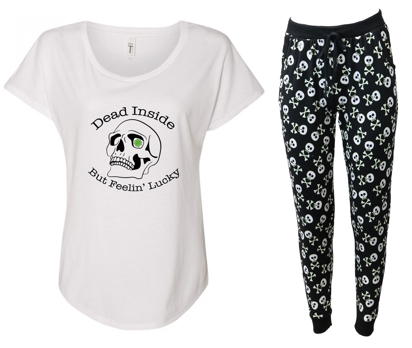 Dead Inside But Feeling Lucky Skull Jogger Pajama Set w/ Pockets