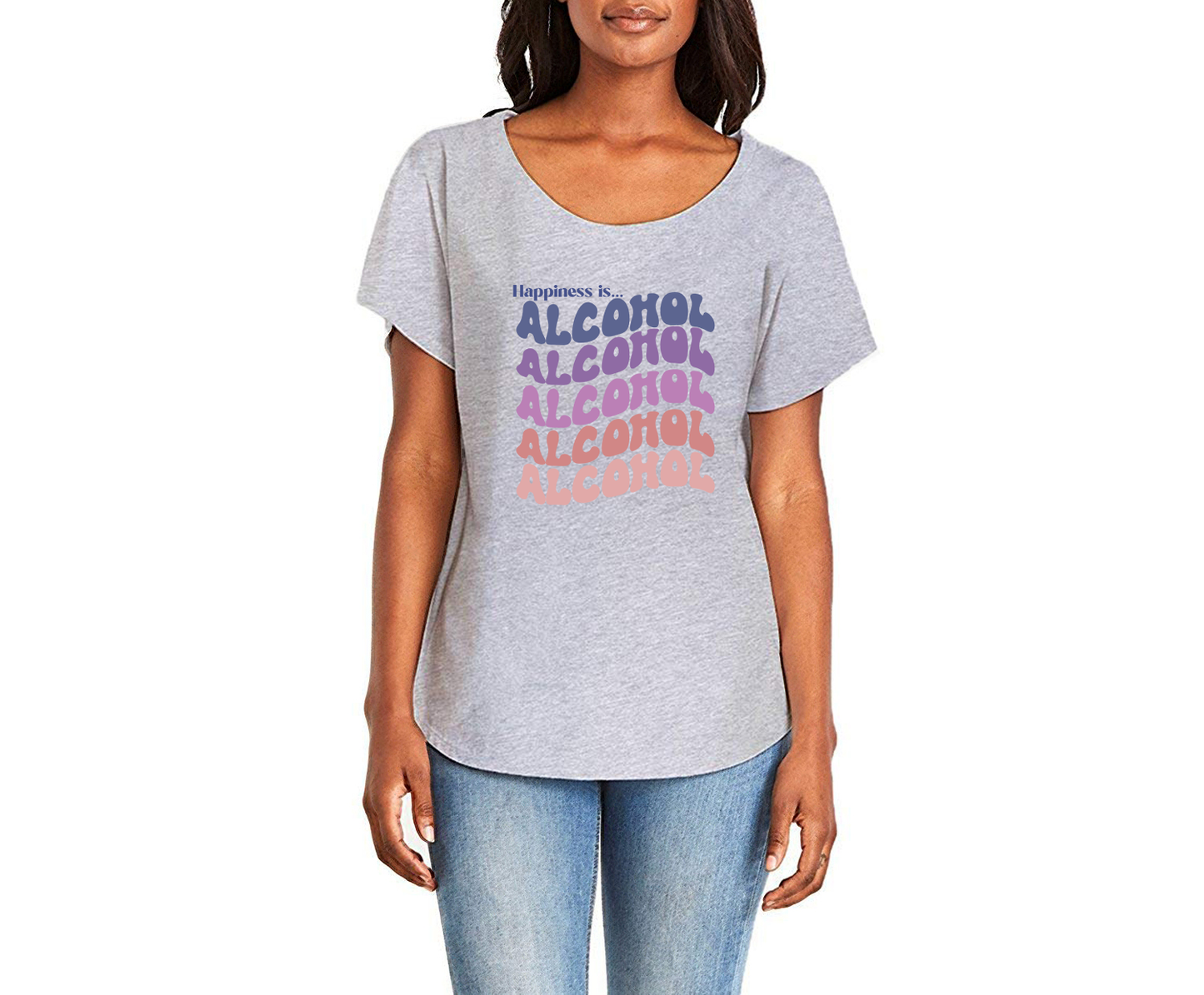Happiness is Alcohol Ladies Tee Shirt - In White & Grey