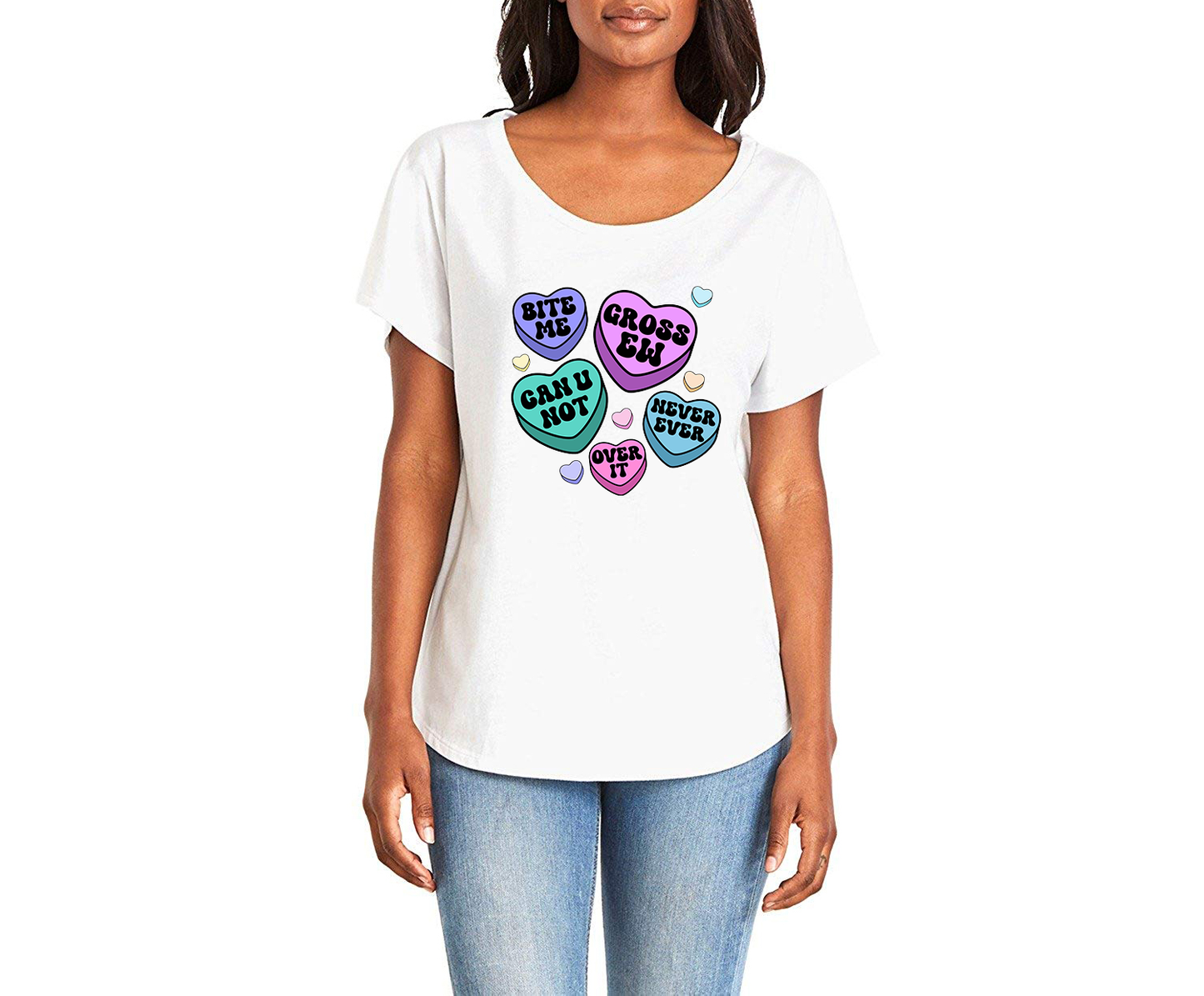 Negative Candy Hearts Ladies Tee Shirt - In Grey & White