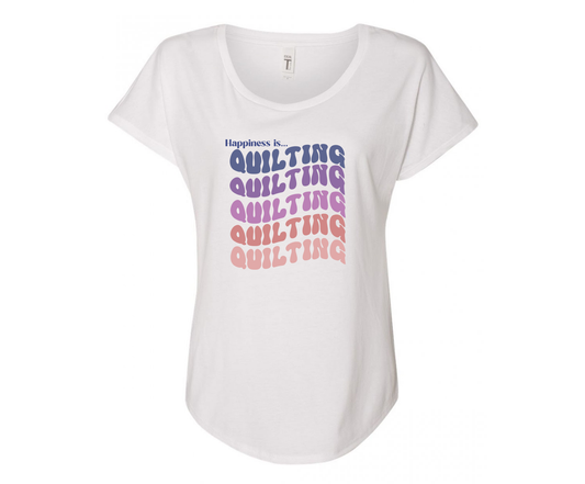 Happiness is Quilting Ladies Tee Shirt - In White & Grey
