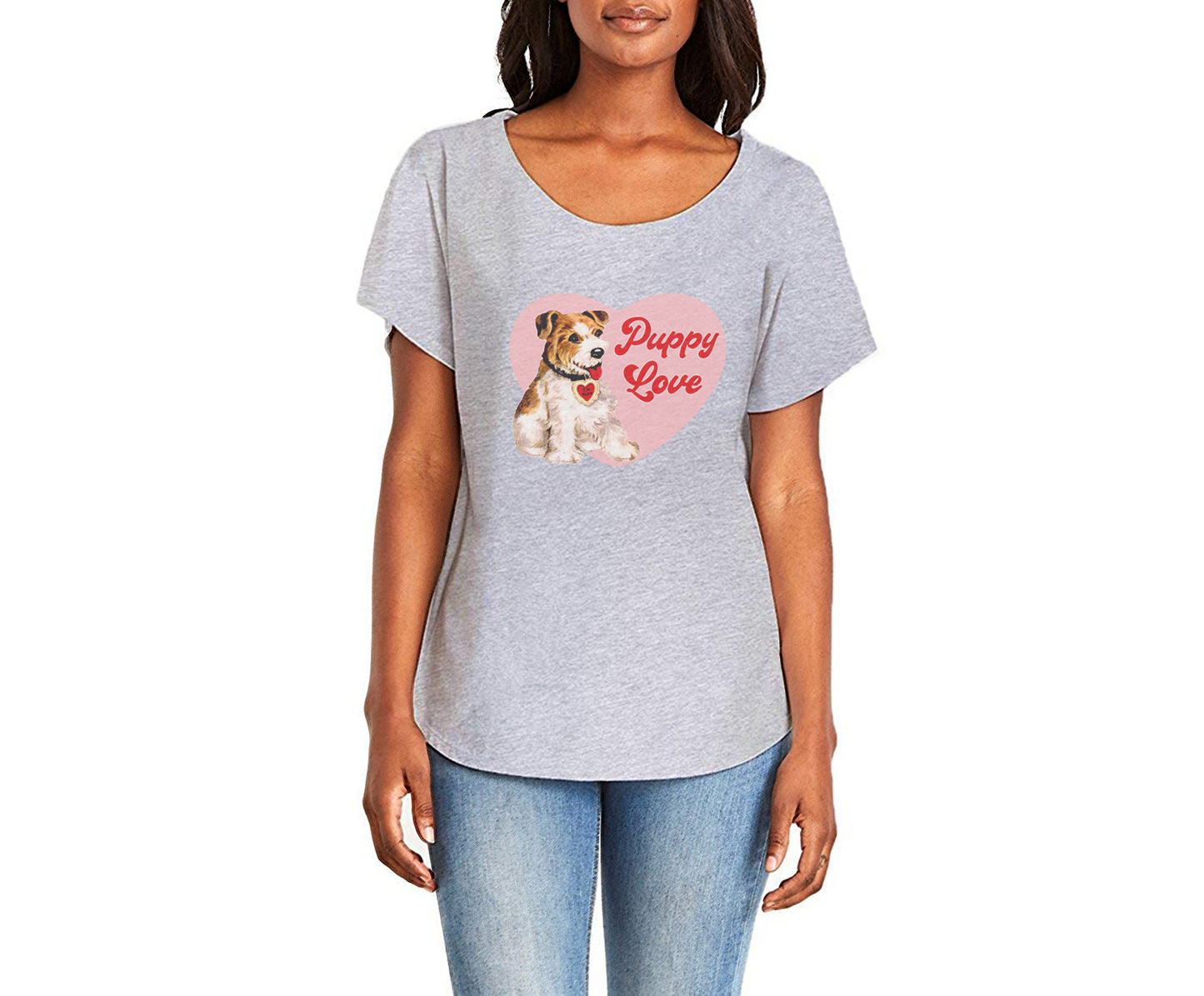 White & Brown Puppy Love Ladies Tee Shirt - In Grey & White