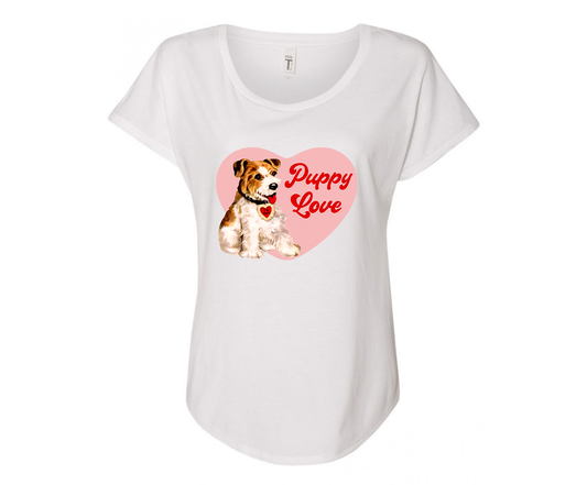 White & Brown Puppy Love Ladies Tee Shirt - In Grey & White