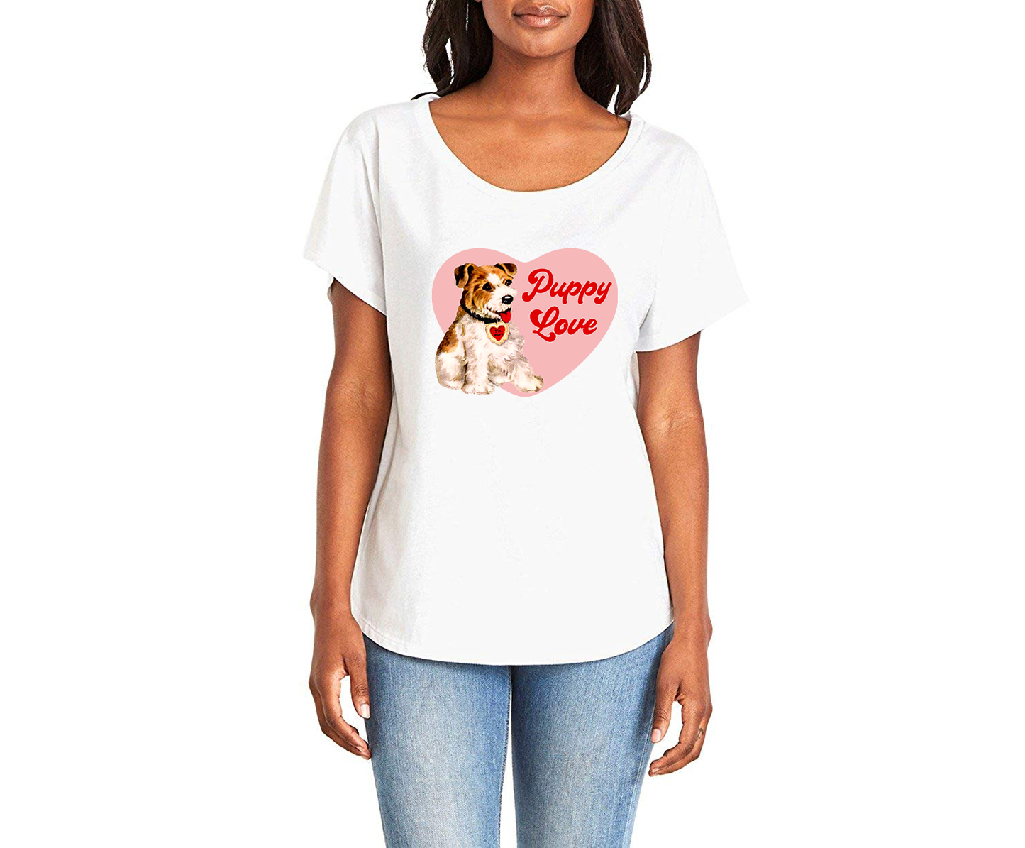 White & Brown Puppy Love Ladies Tee Shirt - In Grey & White
