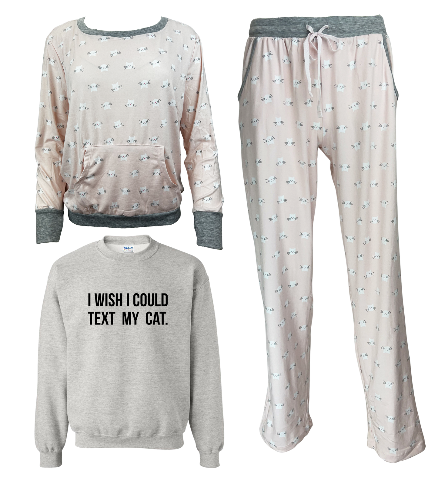 I Wish I Could Text My Cat Women's 3 Piece Pajama Set - In 3 Color Choices