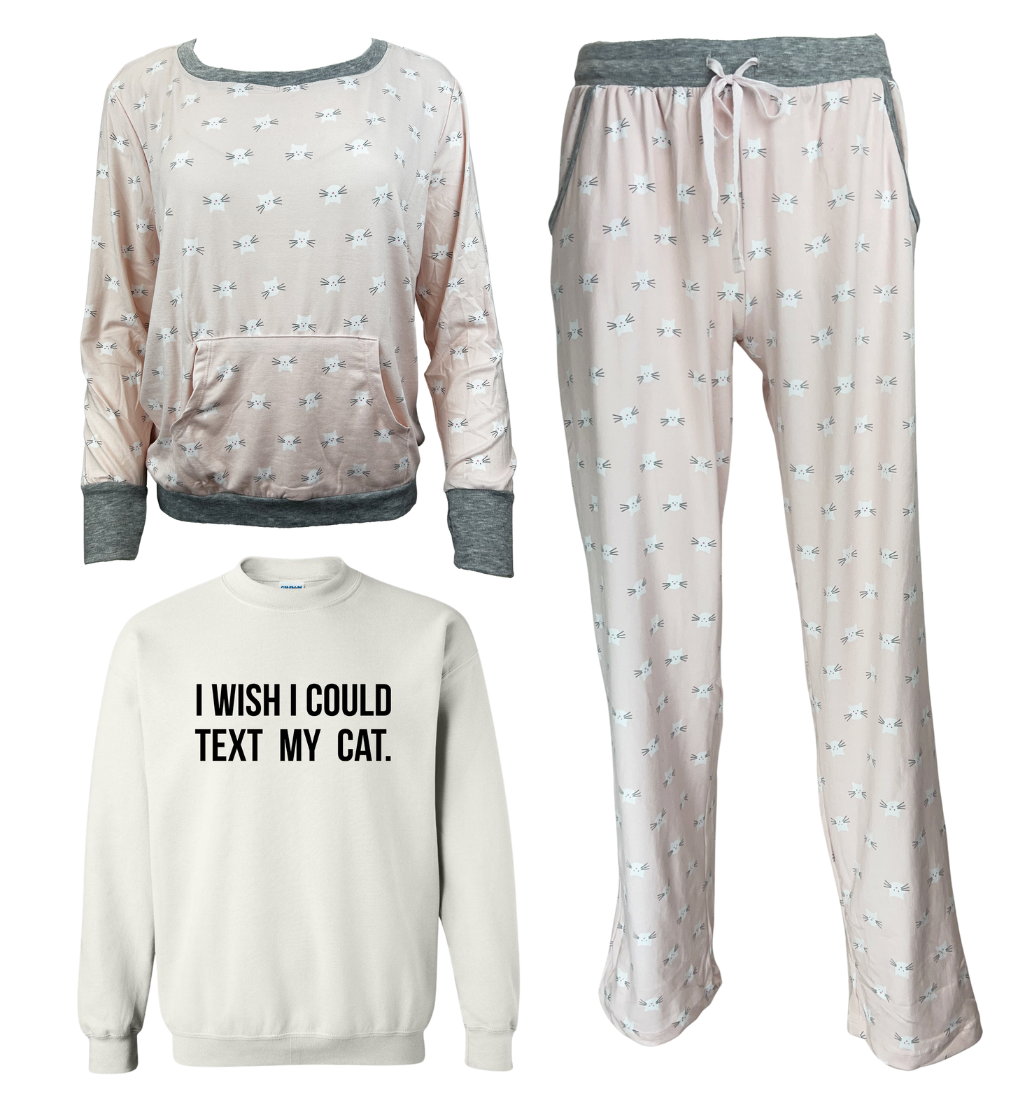 I Wish I Could Text My Cat Women's 3 Piece Pajama Set - In 3 Color Choices