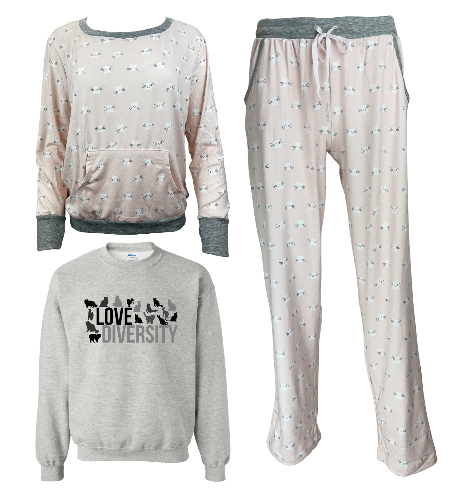 Love Diversity Kitty Cat Women's 3 Piece Cat Pajama Set - In 3 Color Choices