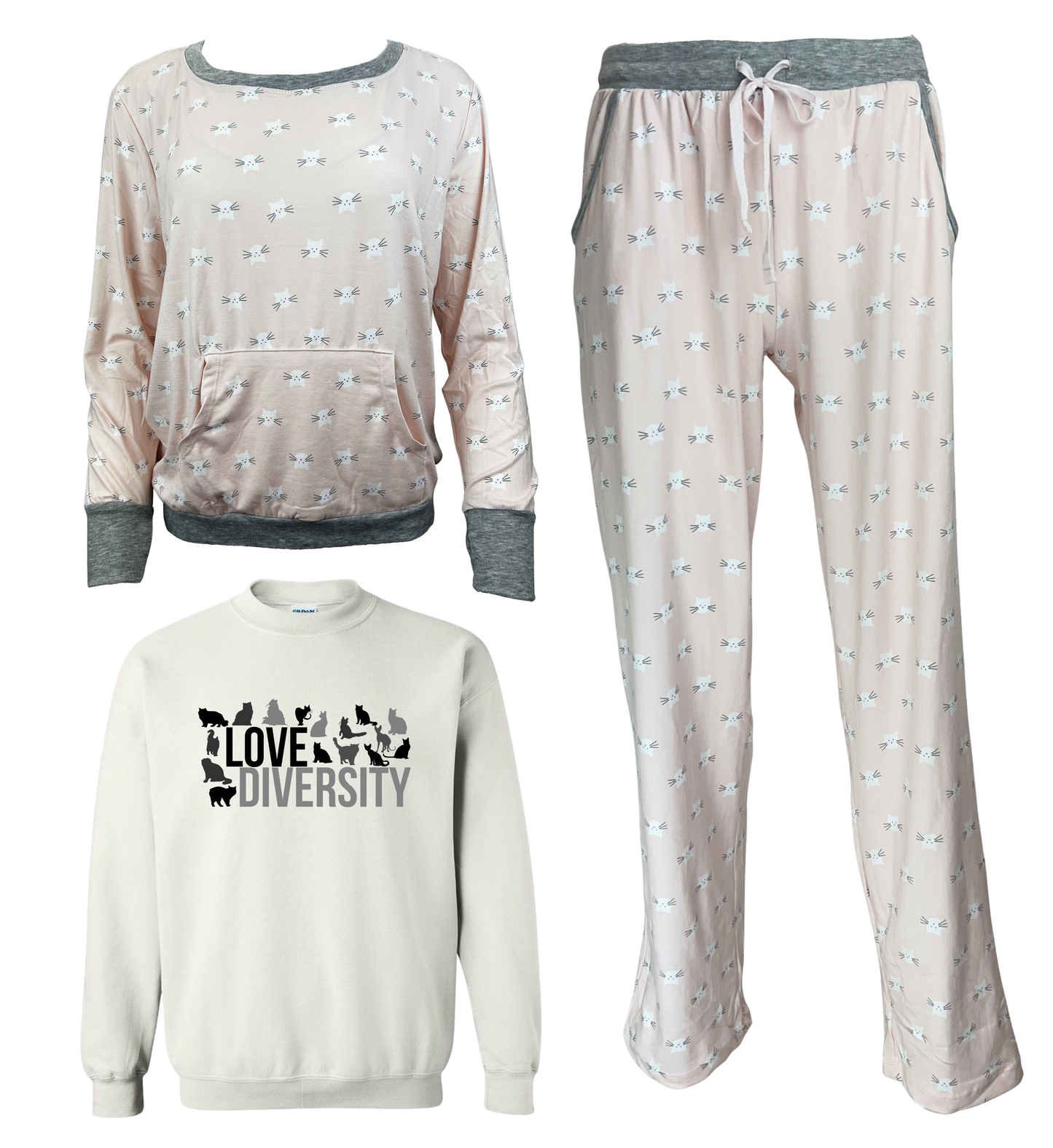 Love Diversity Kitty Cat Women's 3 Piece Cat Pajama Set - In 3 Color Choices