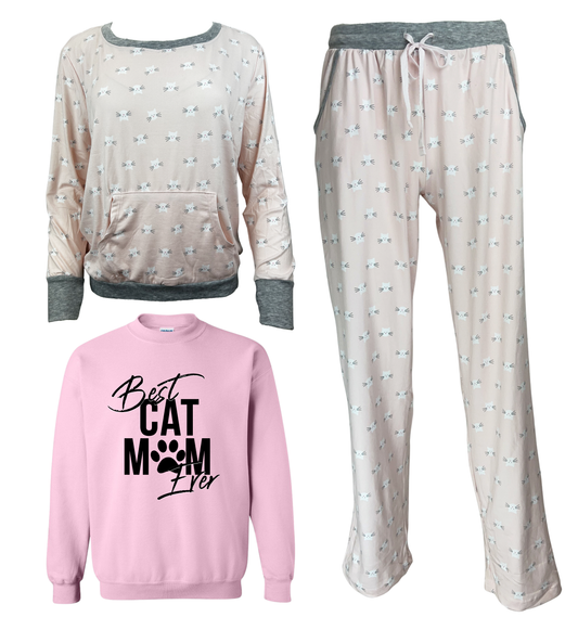 Best Cat Mom Ever Women's 3 Piece Pajama Set - In 3 Color Choices