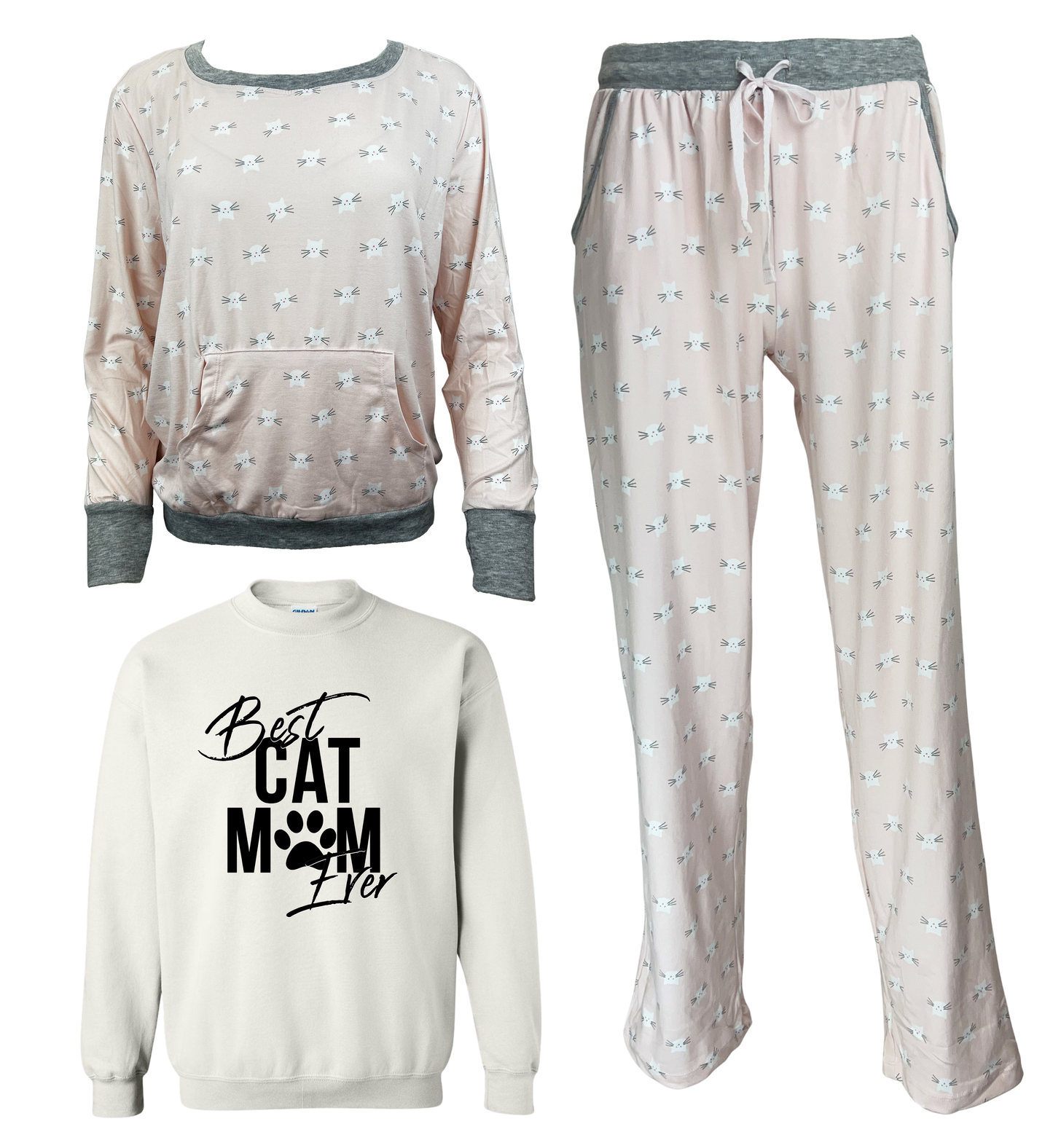 Best Cat Mom Ever Women's 3 Piece Pajama Set - In 3 Color Choices