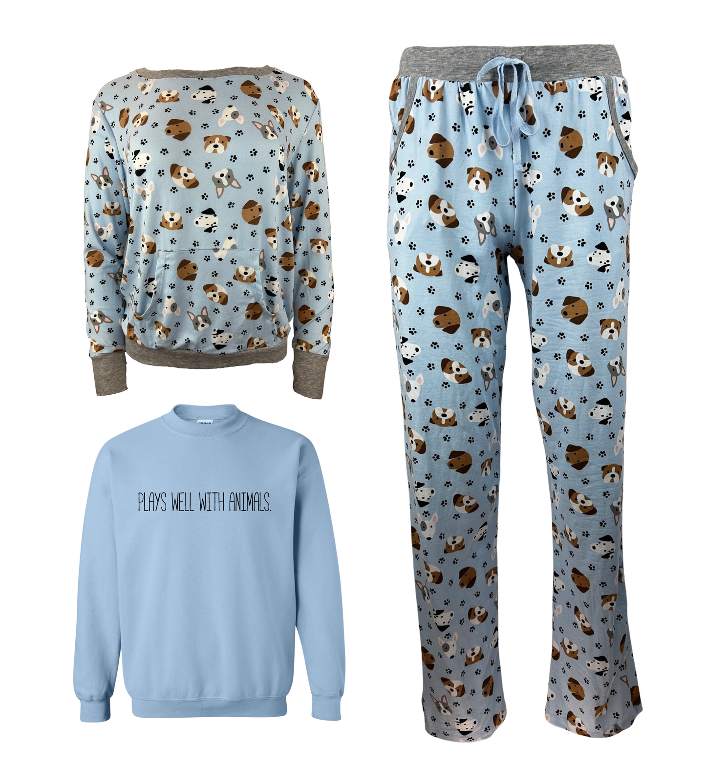 Plays Well With Animals Are Blue Women's 3 Piece Dog Pajama Set - In 3 Color Choices