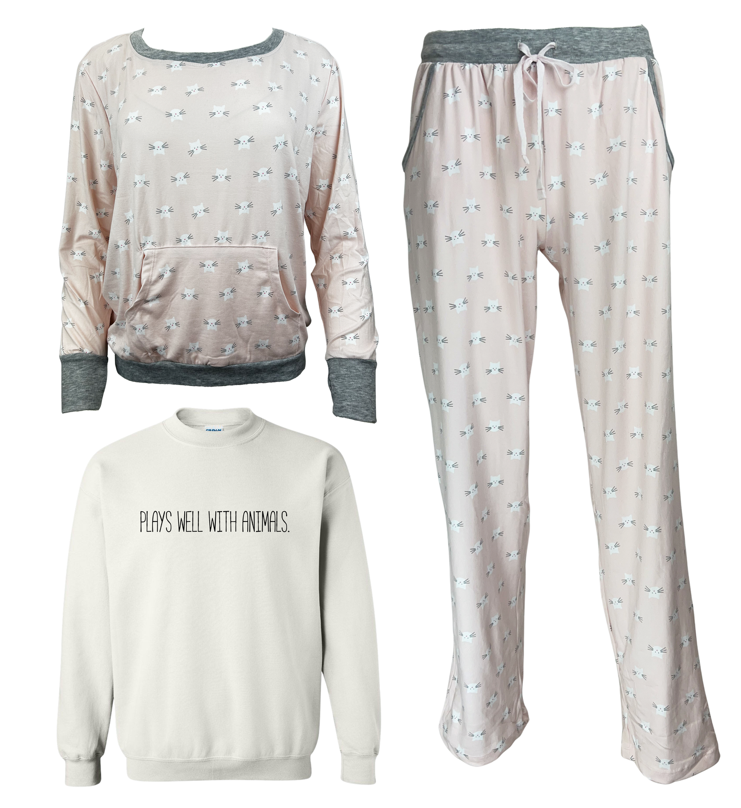 Plays Well With Animals Women's 3 Piece Pajama Set - In 3 Color Choices