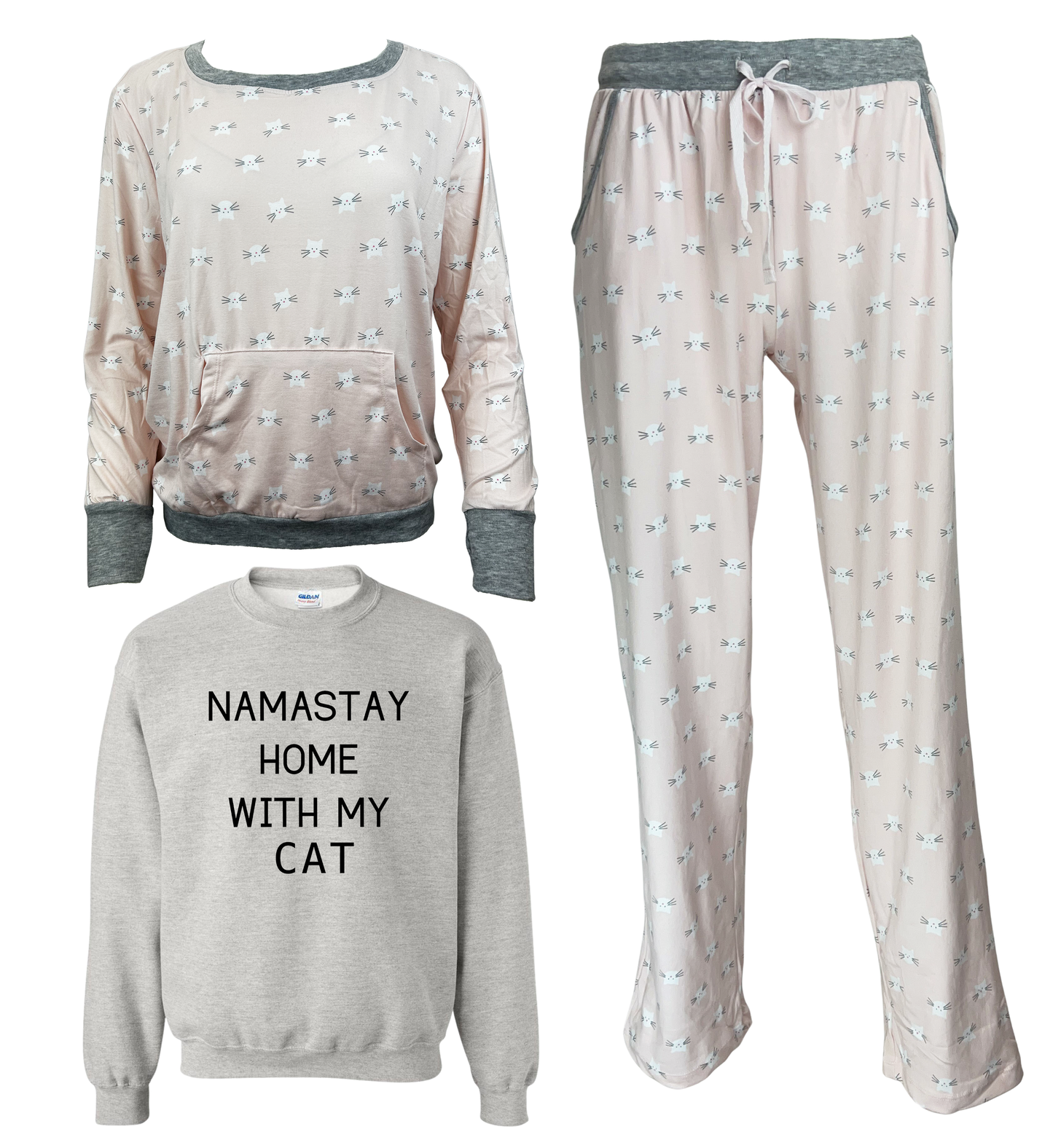 Namastay Home With My Cat Women's 3 Piece Pajama Set - In 3 Color Choices