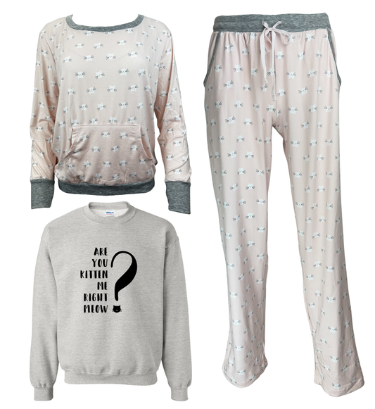 Are You Kitten Me Right Meow? Women's 3 Piece Pajama Set - In 3 Color Choices