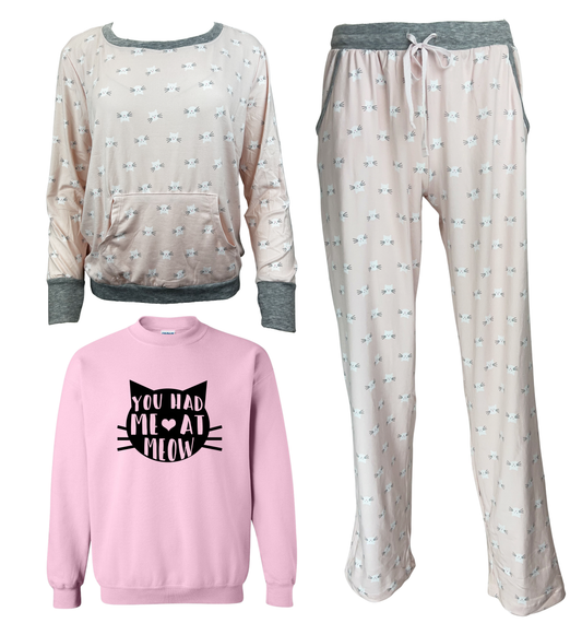 You Had Me At Meow Women's 3 Piece Pajama Set - In 3 Color Choices