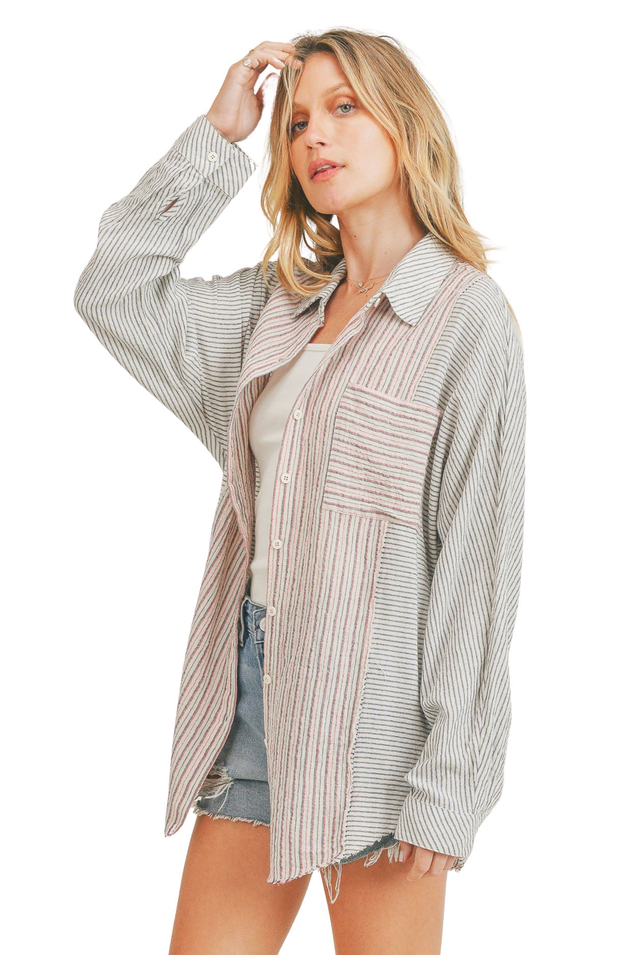 Mixed Mini Stripe Oversized Cotton Linen Blend Button Down Shirt - Muted Black & Red