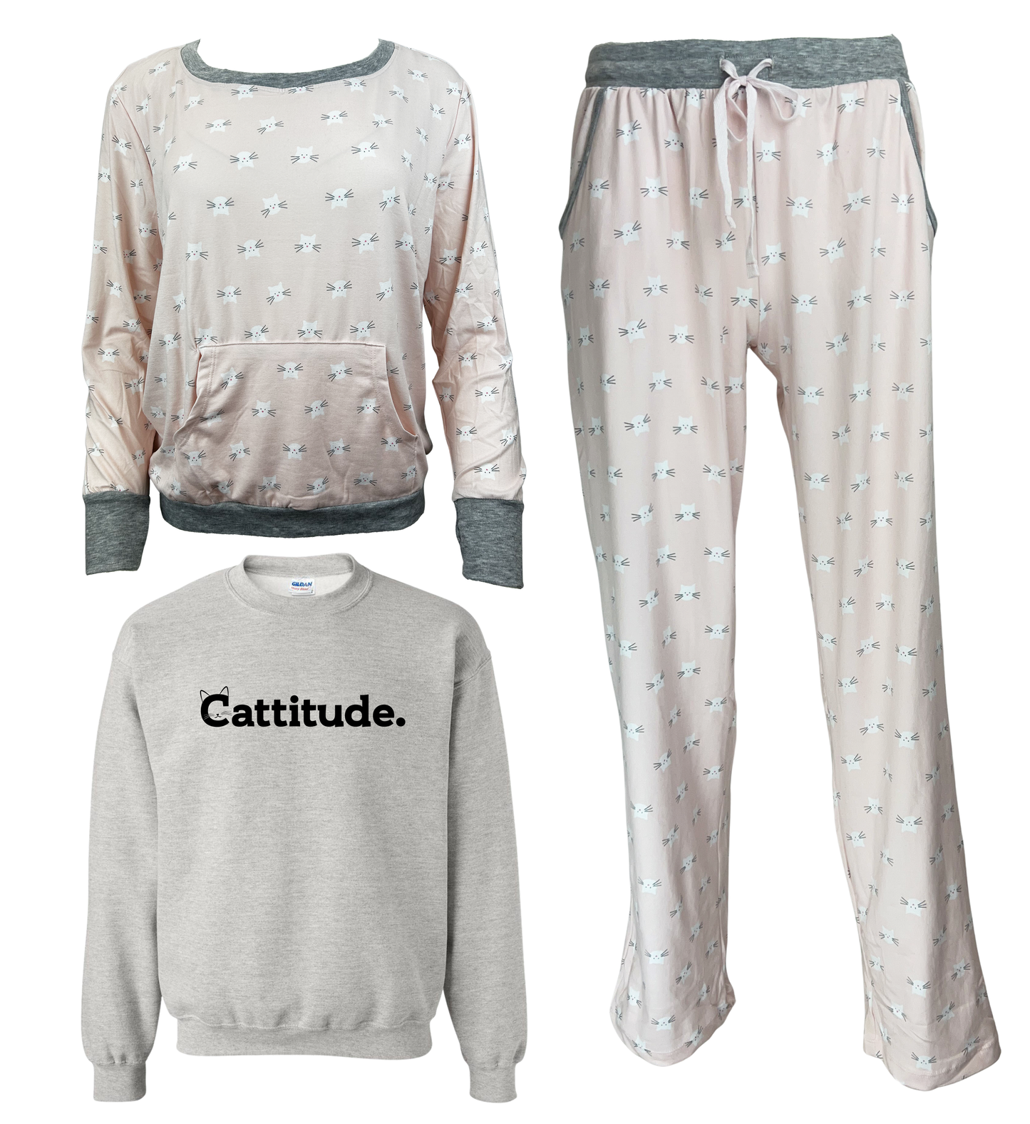 Cattitude Women's 3 Piece Pajama Set - In 3 Color Choices