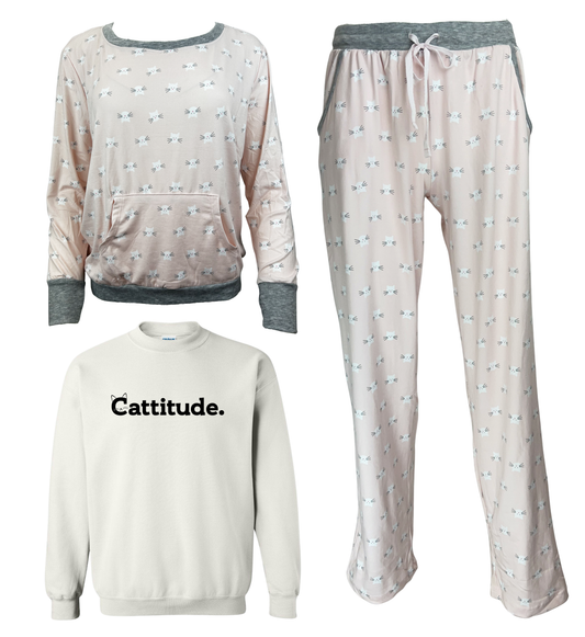 Cattitude Women's 3 Piece Pajama Set - In 3 Color Choices