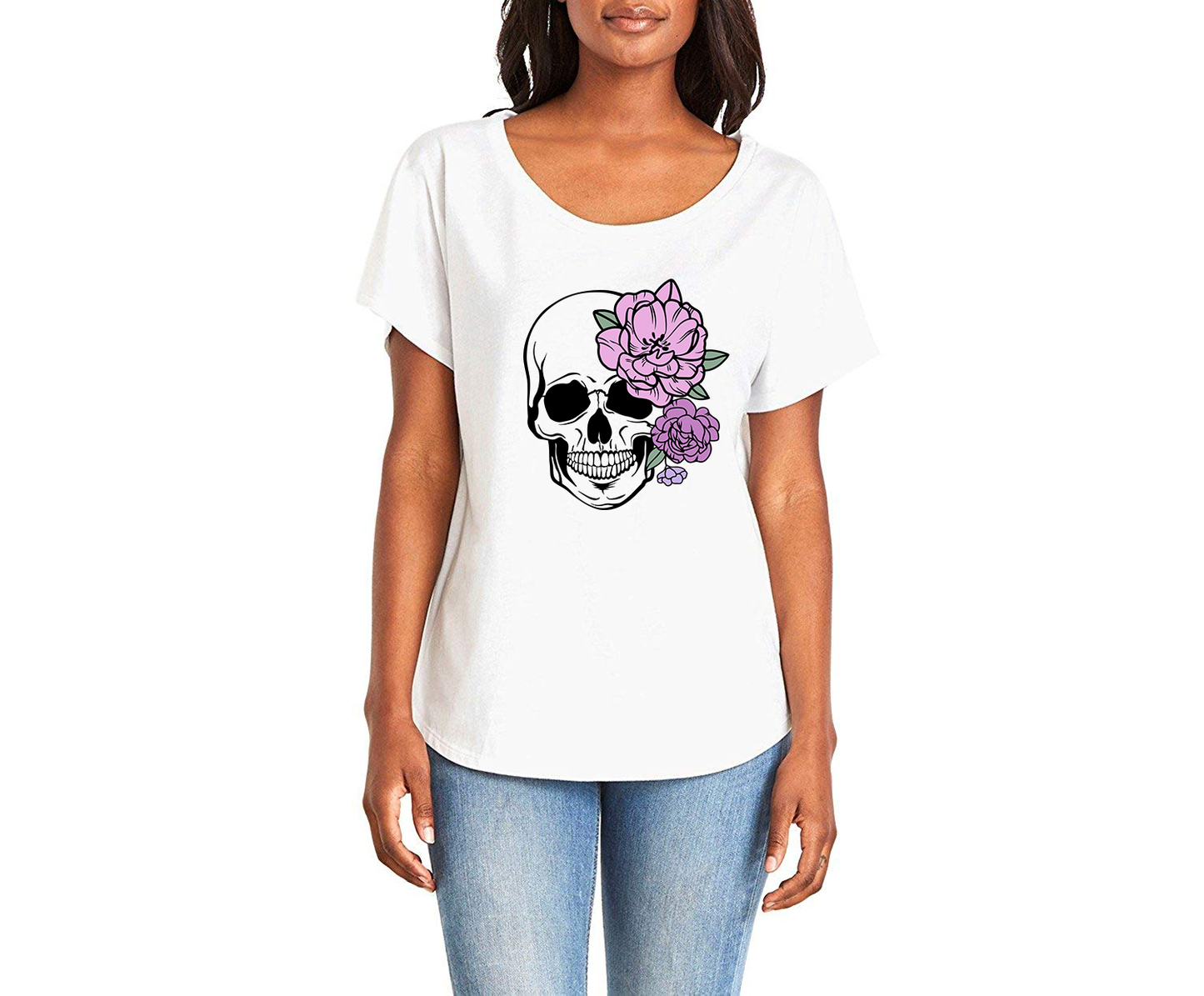 Purple Floral Skull Ladies Tee Shirt - In Grey & White