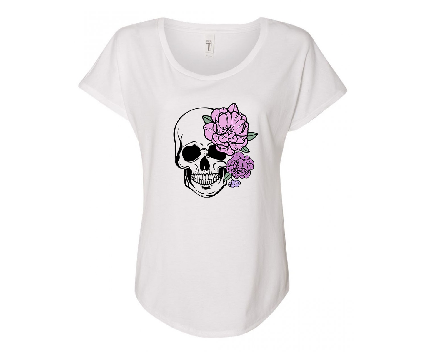 Purple Floral Skull Ladies Tee Shirt - In Grey & White