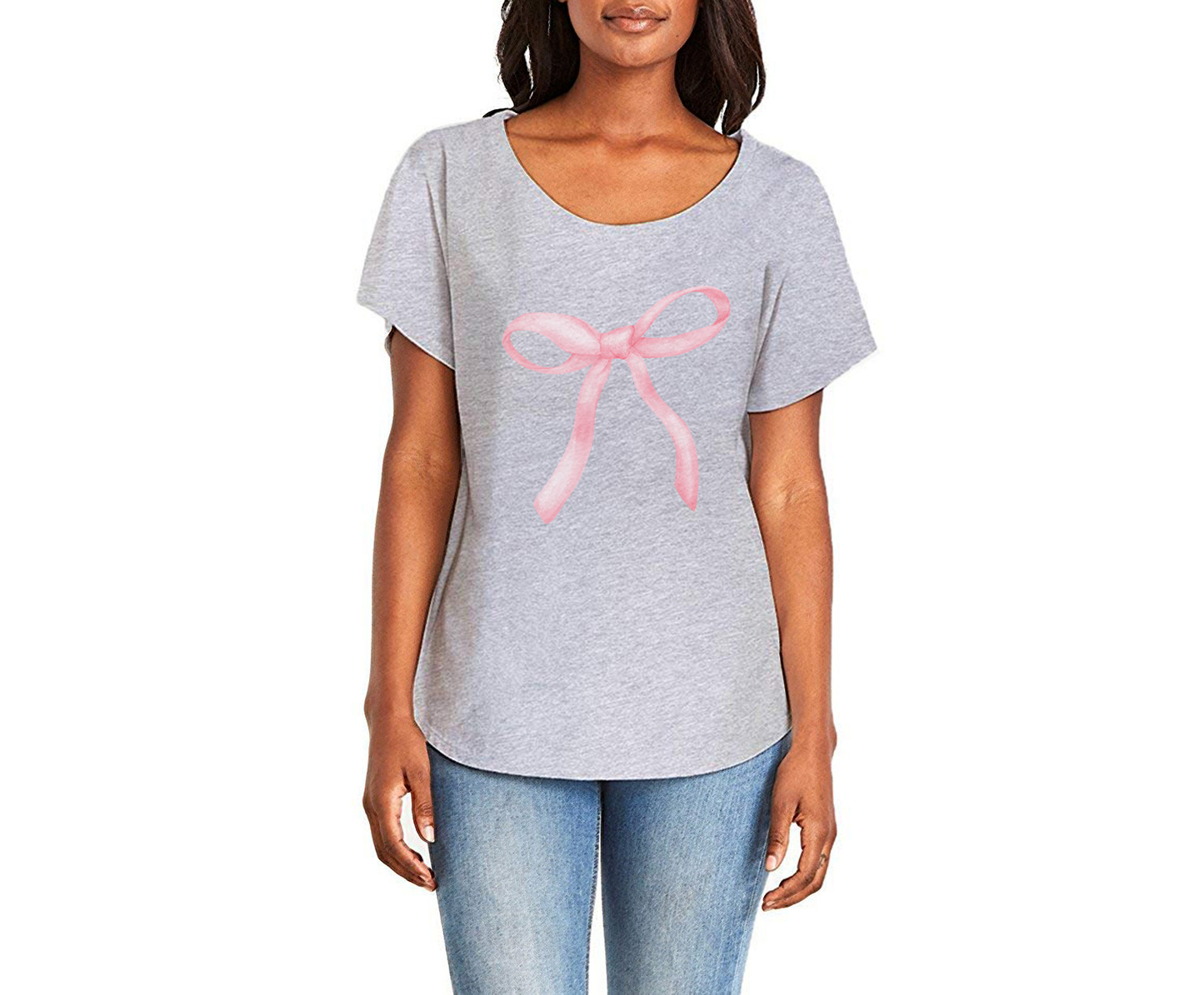 Sweet Pink Bow Ladies Tee Shirt - In Grey & White