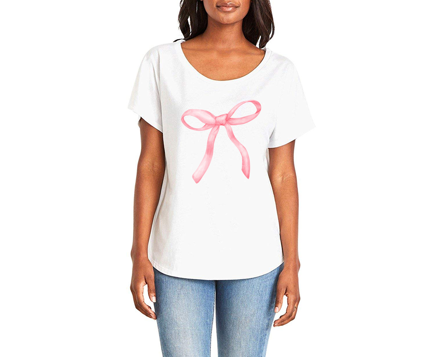 Sweet Pink Bow Ladies Tee Shirt - In Grey & White