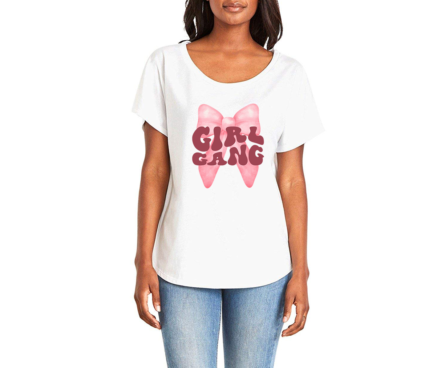 Pink Bow Girl Gang Ladies Tee Shirt - In Grey & White
