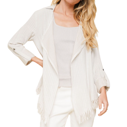 100% Cotton Striped Fly Away Fringe Cardigan - Ivory