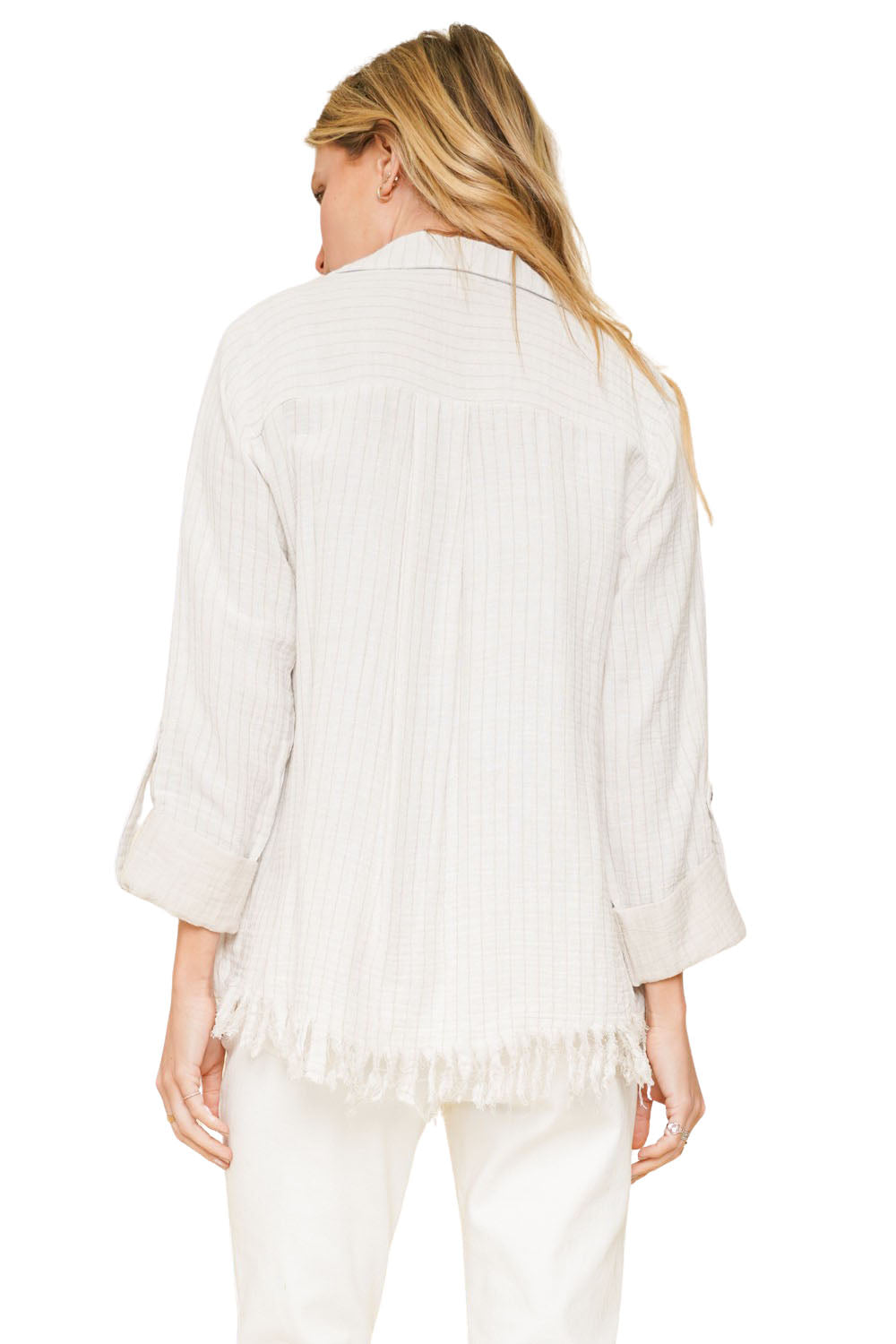 100% Cotton Striped Fly Away Fringe Cardigan - Ivory