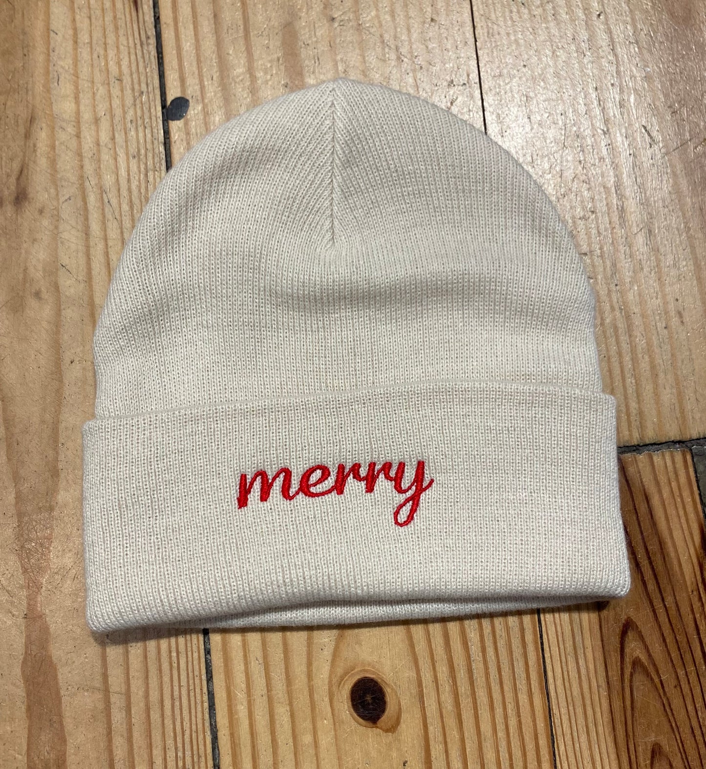 Merry Embroidered Beige Knit Beanie