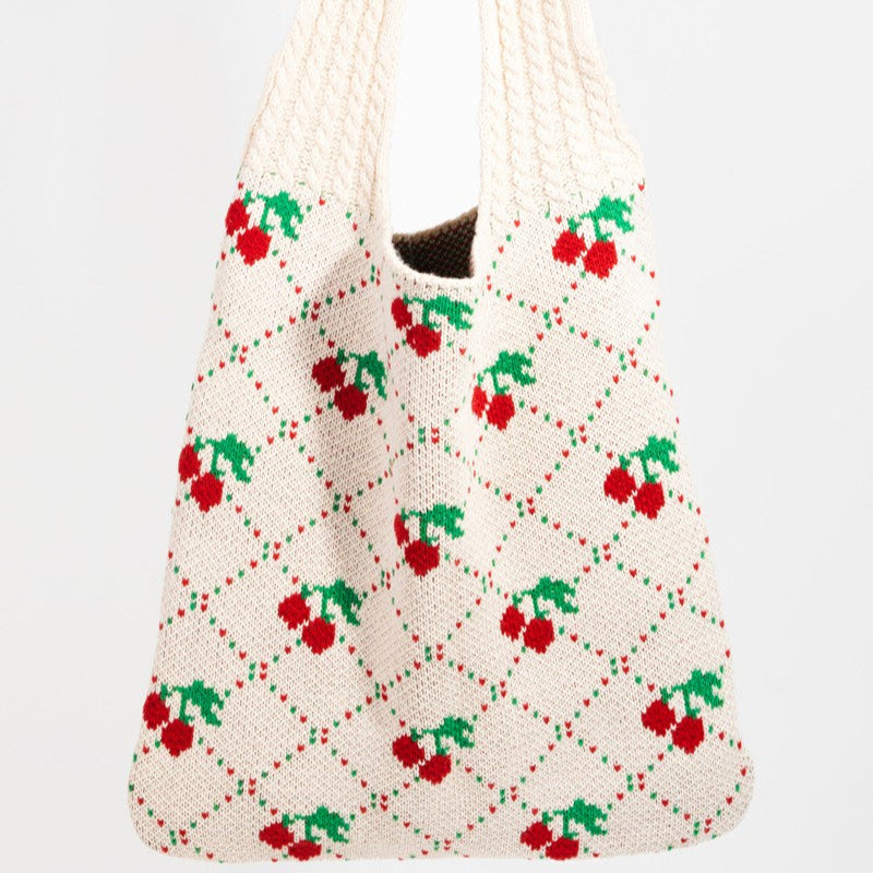 Cherry Knit Shoulder Tote Bag - Ivory & Cherries