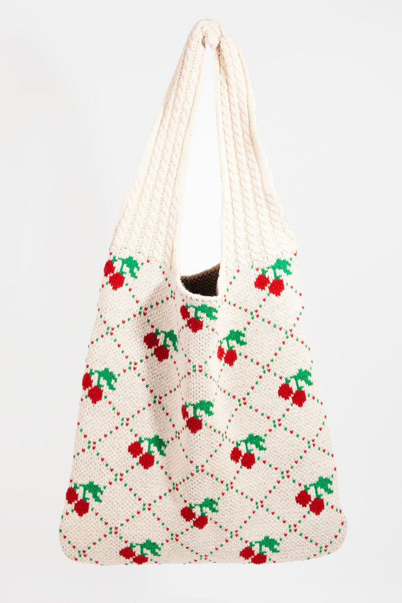 Cherry Knit Shoulder Tote Bag - Ivory & Cherries