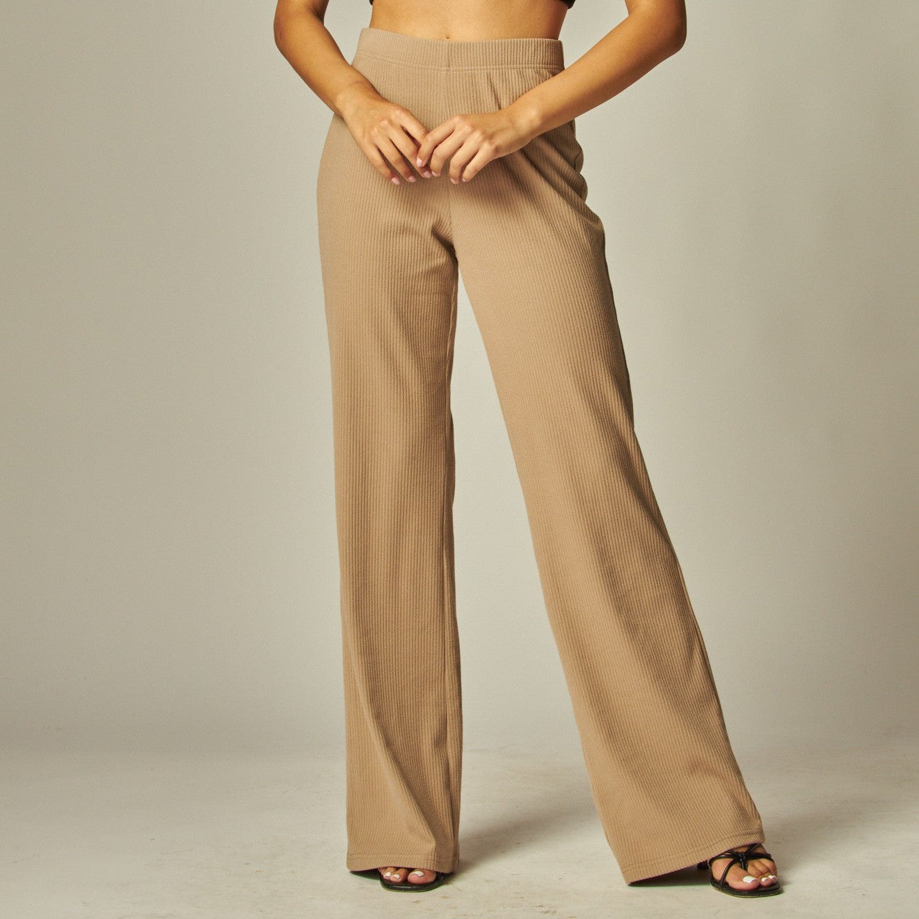 Ribbed Knit Elastic Waist Lounge Pants - Taupe