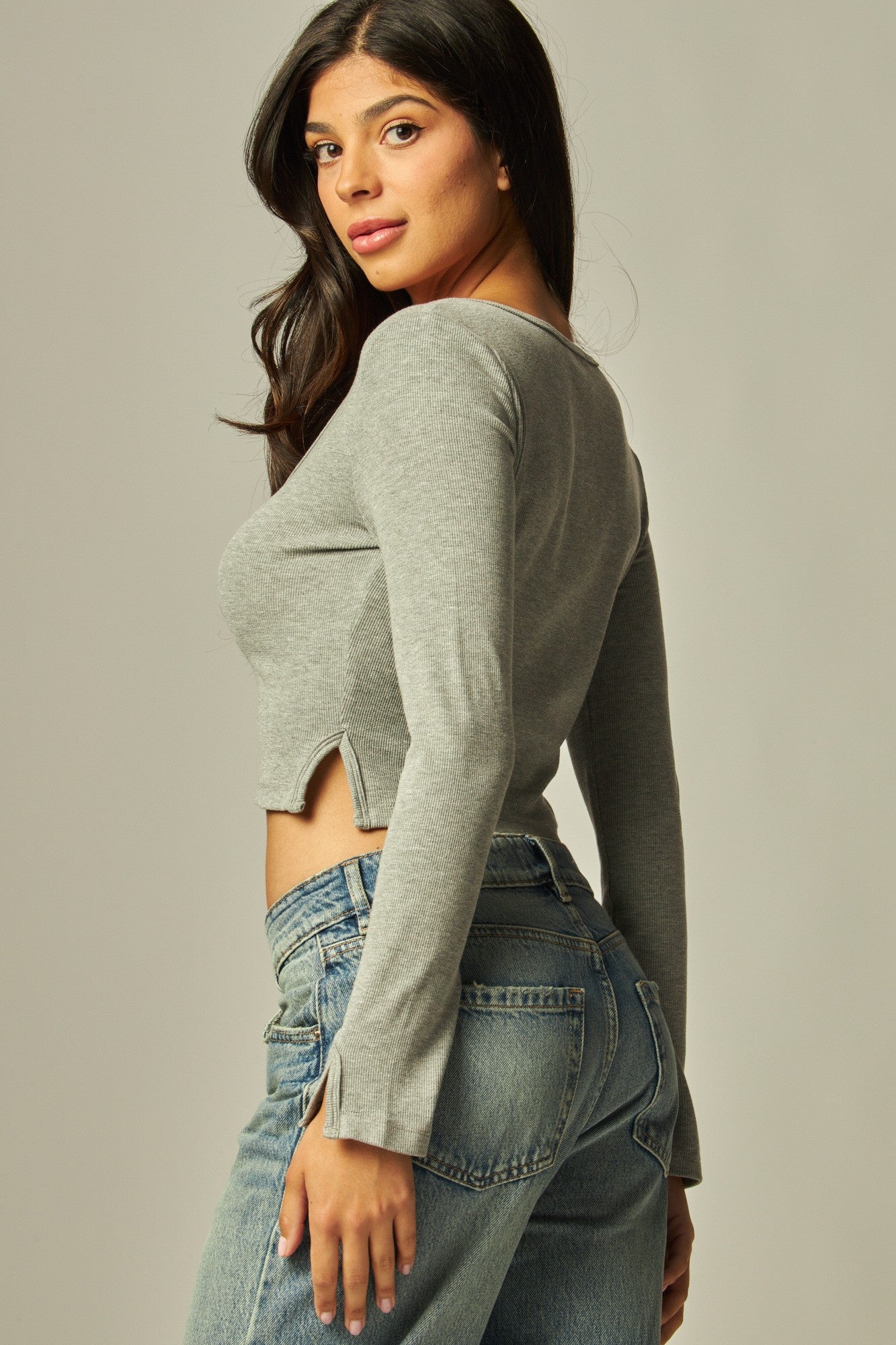Long Sleeve Peek-a-boo Slit Button Up Cardigan Top - In 3 Colors