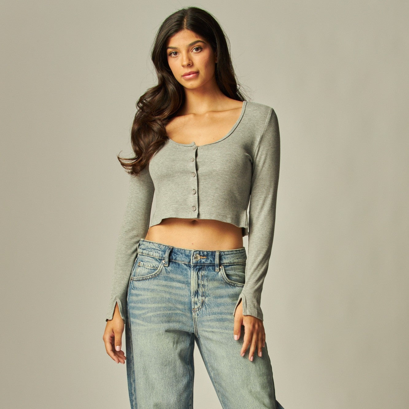 Long Sleeve Peek-a-boo Slit Button Up Cardigan Top - In 3 Colors