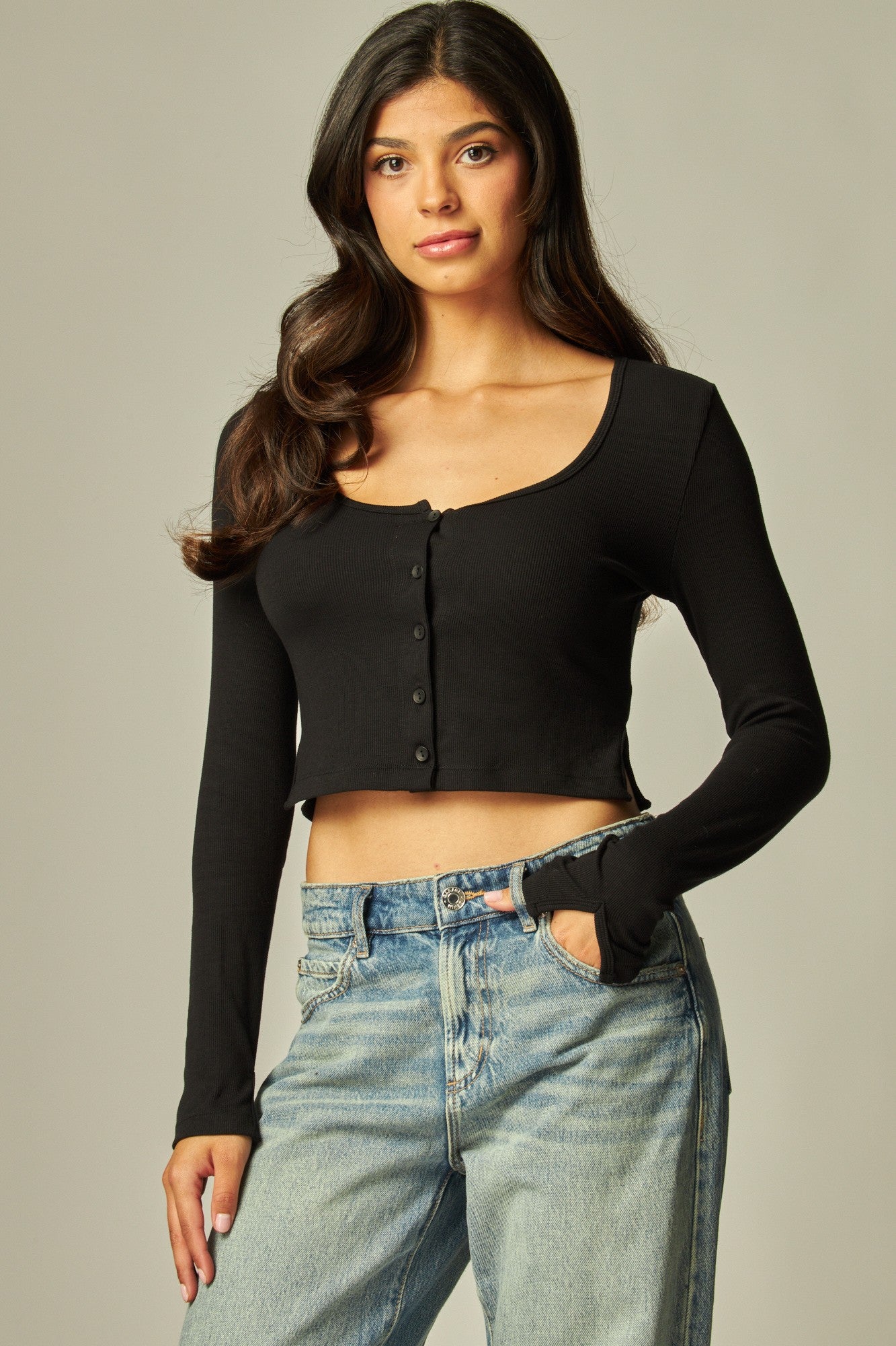 Long Sleeve Peek-a-boo Slit Button Up Cardigan Top - In 3 Colors