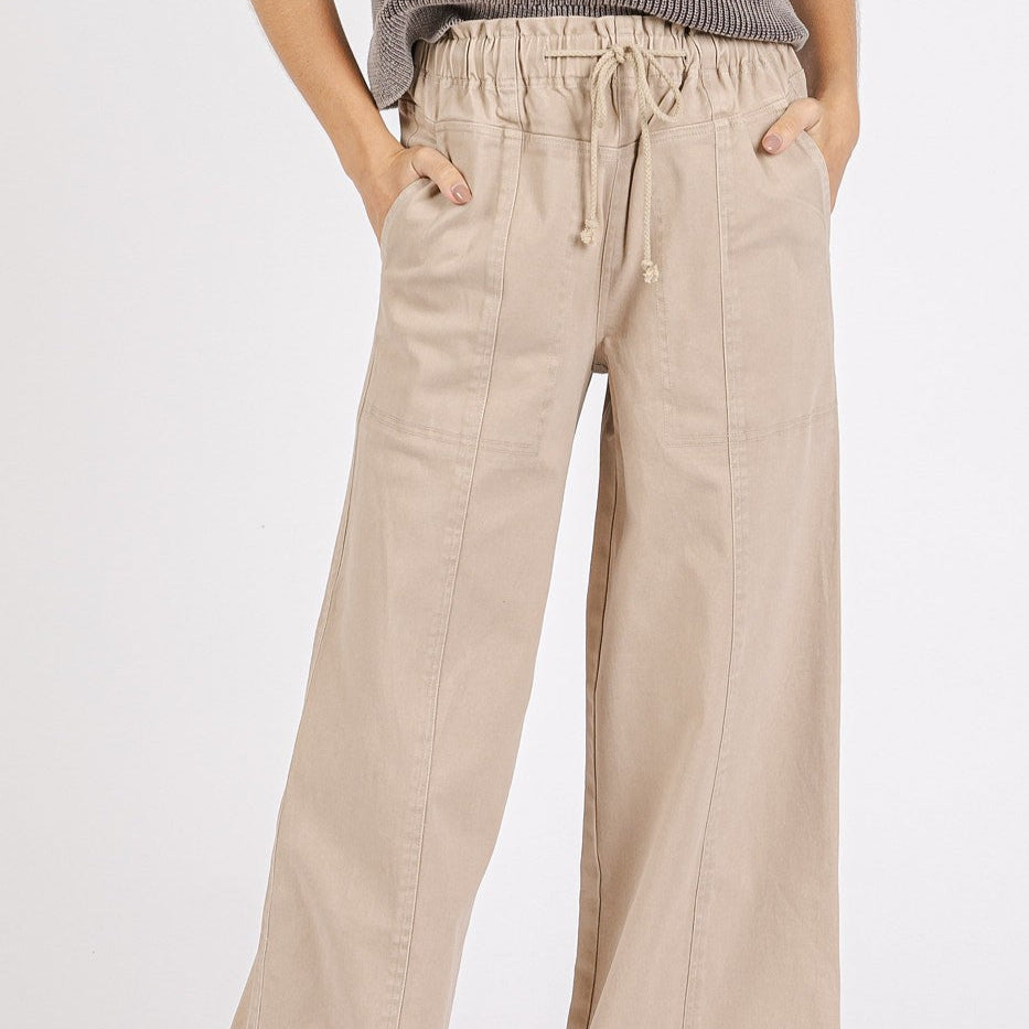 Mineral Wash Wide Leg Structured Elastic Waist Pants - Stone Tan