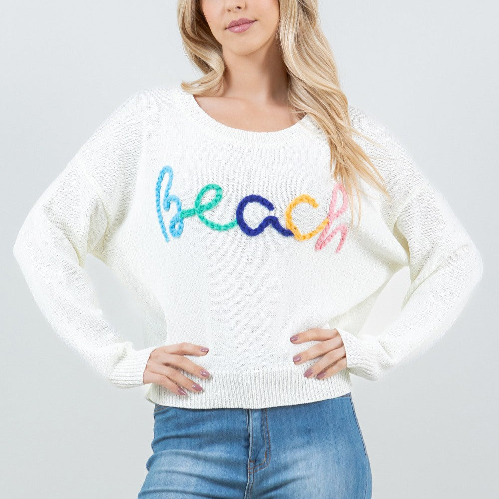 Colorful Beach Knit Stitched Crewneck Sweater - Ivory