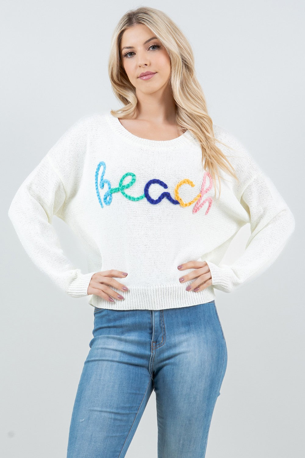 Colorful Beach Knit Stitched Crewneck Sweater - Ivory