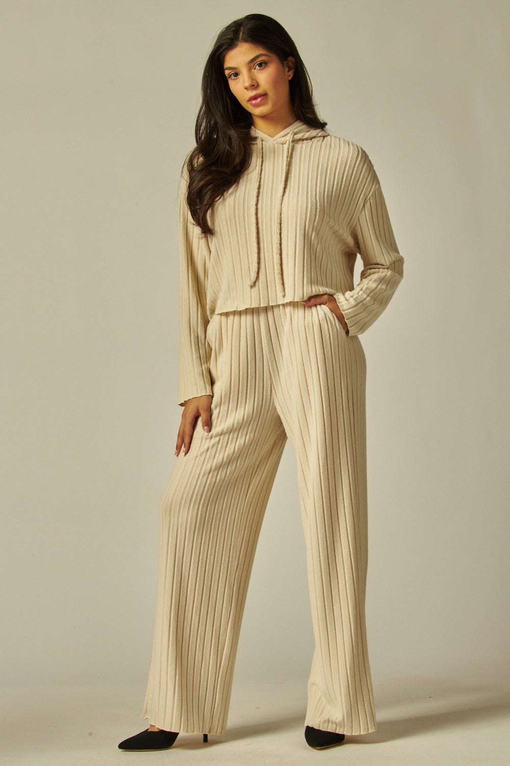 Two Piece Hooded Ribbed Lounge Set With Pockets - Available in 4 Colors