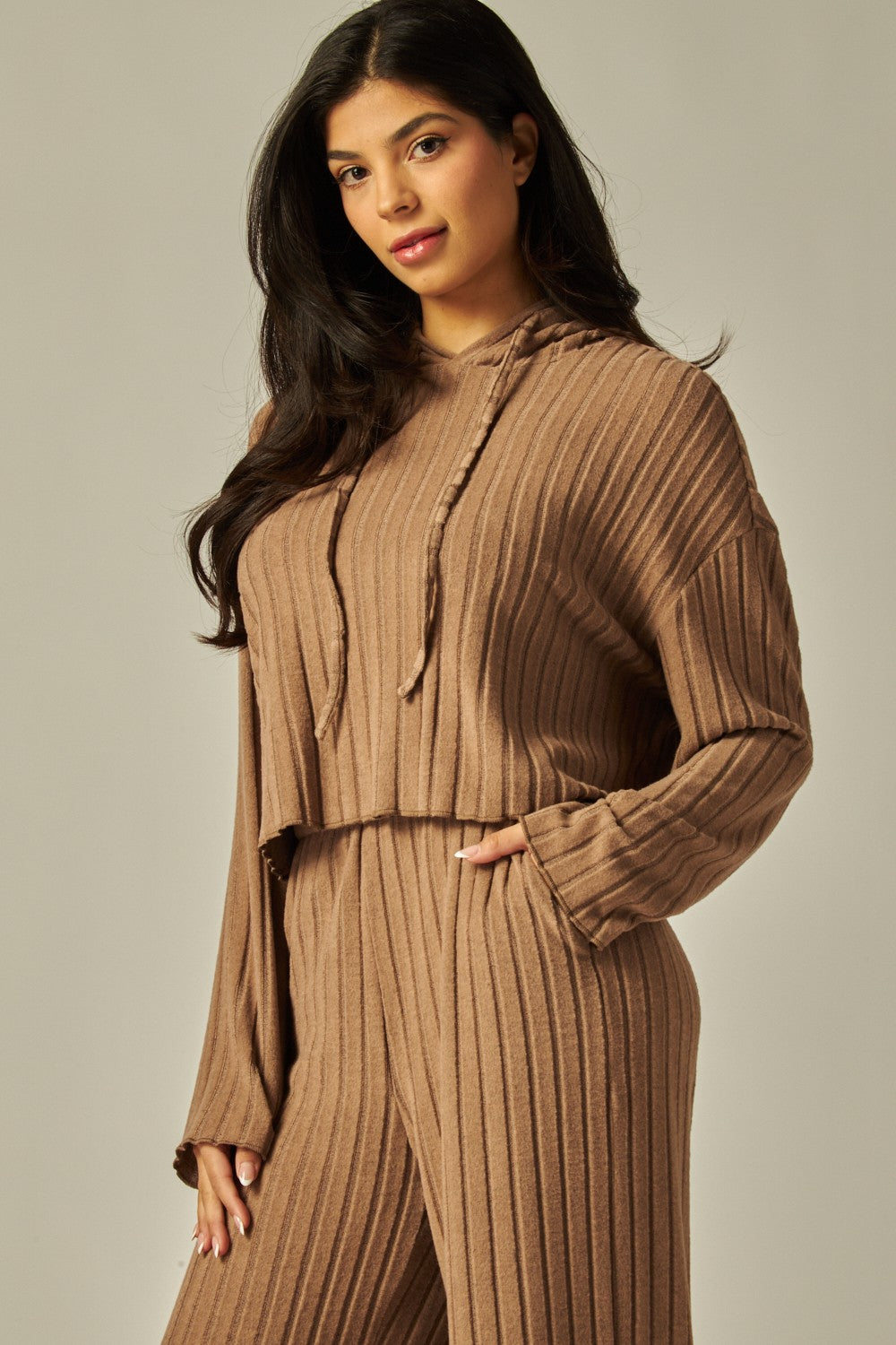 Two Piece Hooded Ribbed Lounge Set With Pockets - Available in 4 Colors
