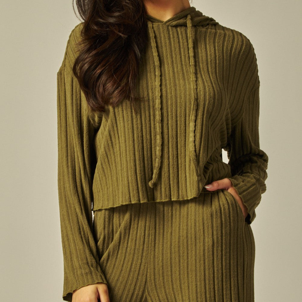 Two Piece Hooded Ribbed Lounge Set With Pockets - Available in 4 Colors