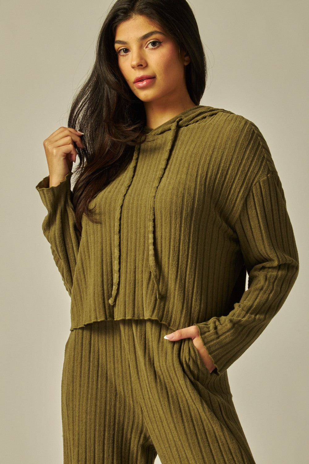 Two Piece Hooded Ribbed Lounge Set With Pockets - Available in 4 Colors