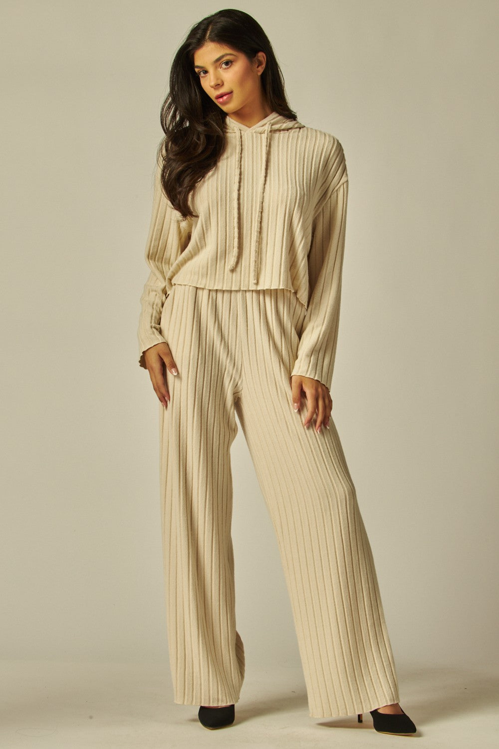Two Piece Hooded Ribbed Lounge Set With Pockets - Available in 4 Colors