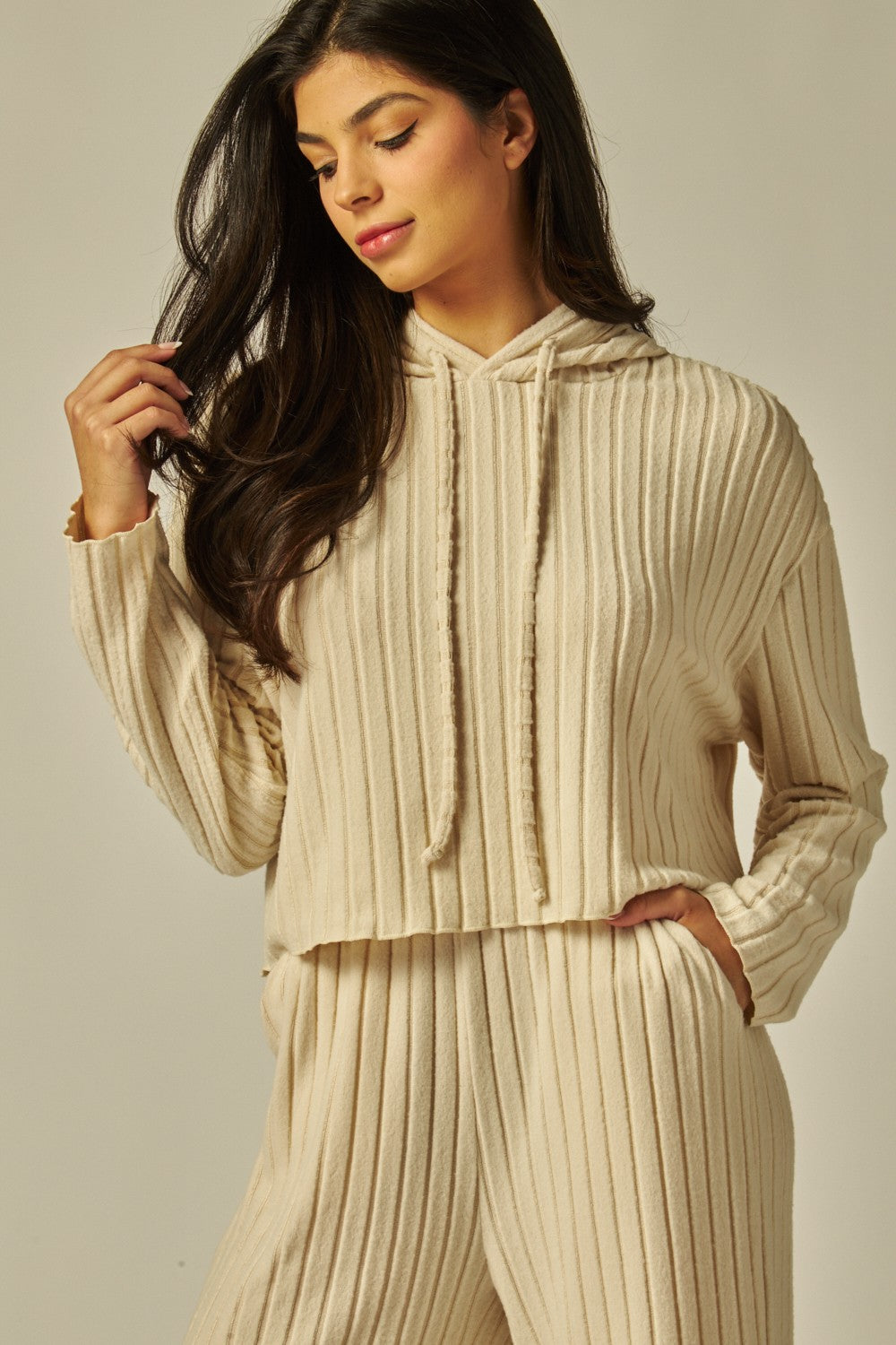 Two Piece Hooded Ribbed Lounge Set With Pockets - Available in 4 Colors
