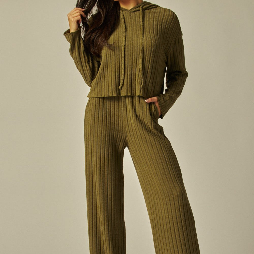 Two Piece Hooded Ribbed Lounge Set With Pockets - Available in 4 Colors