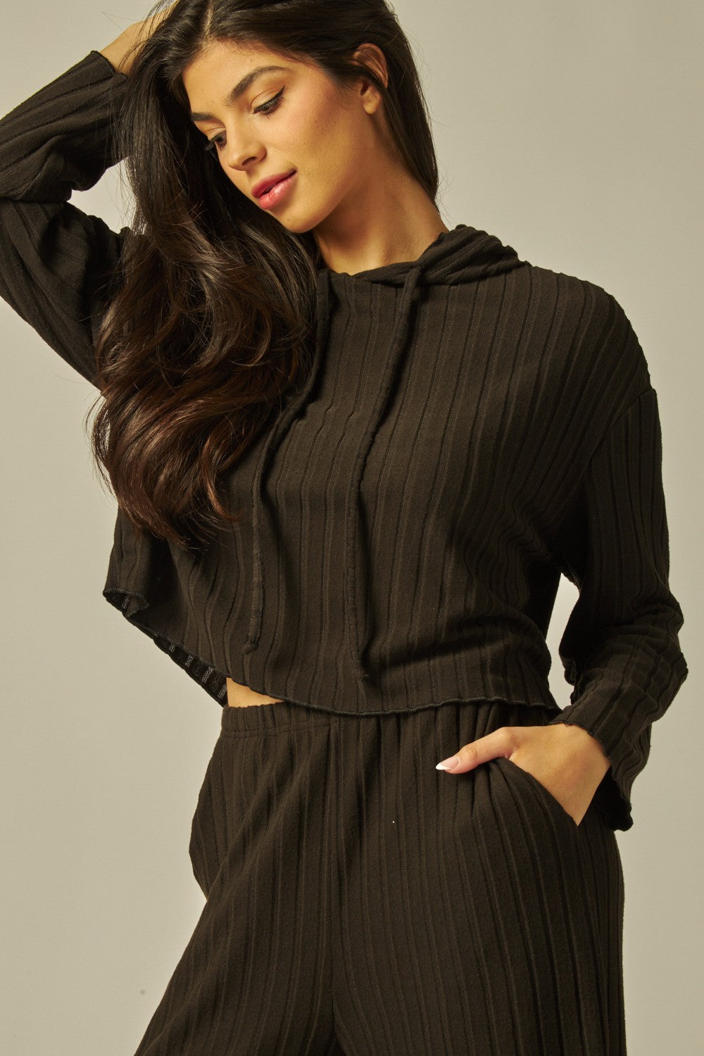 Two Piece Hooded Ribbed Lounge Set With Pockets - Available in 4 Colors