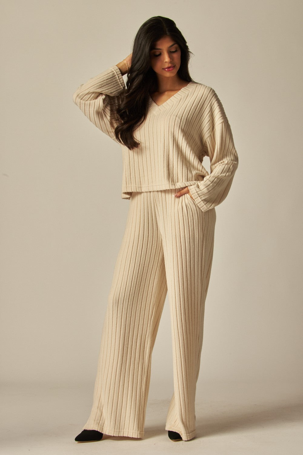 V-Neck Long Sleeve 2 Piece Ribbed Lounge Set - In 4 Colors