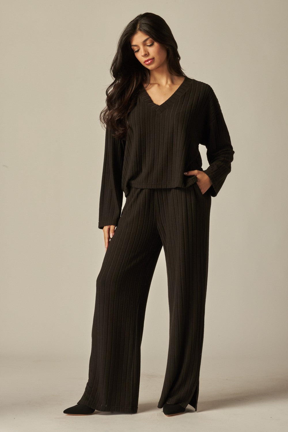 V-Neck Long Sleeve 2 Piece Ribbed Lounge Set - In 4 Colors