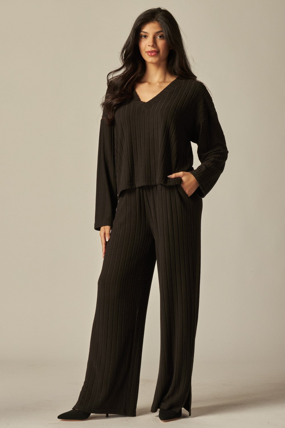 V-Neck Long Sleeve 2 Piece Ribbed Lounge Set - In 4 Colors